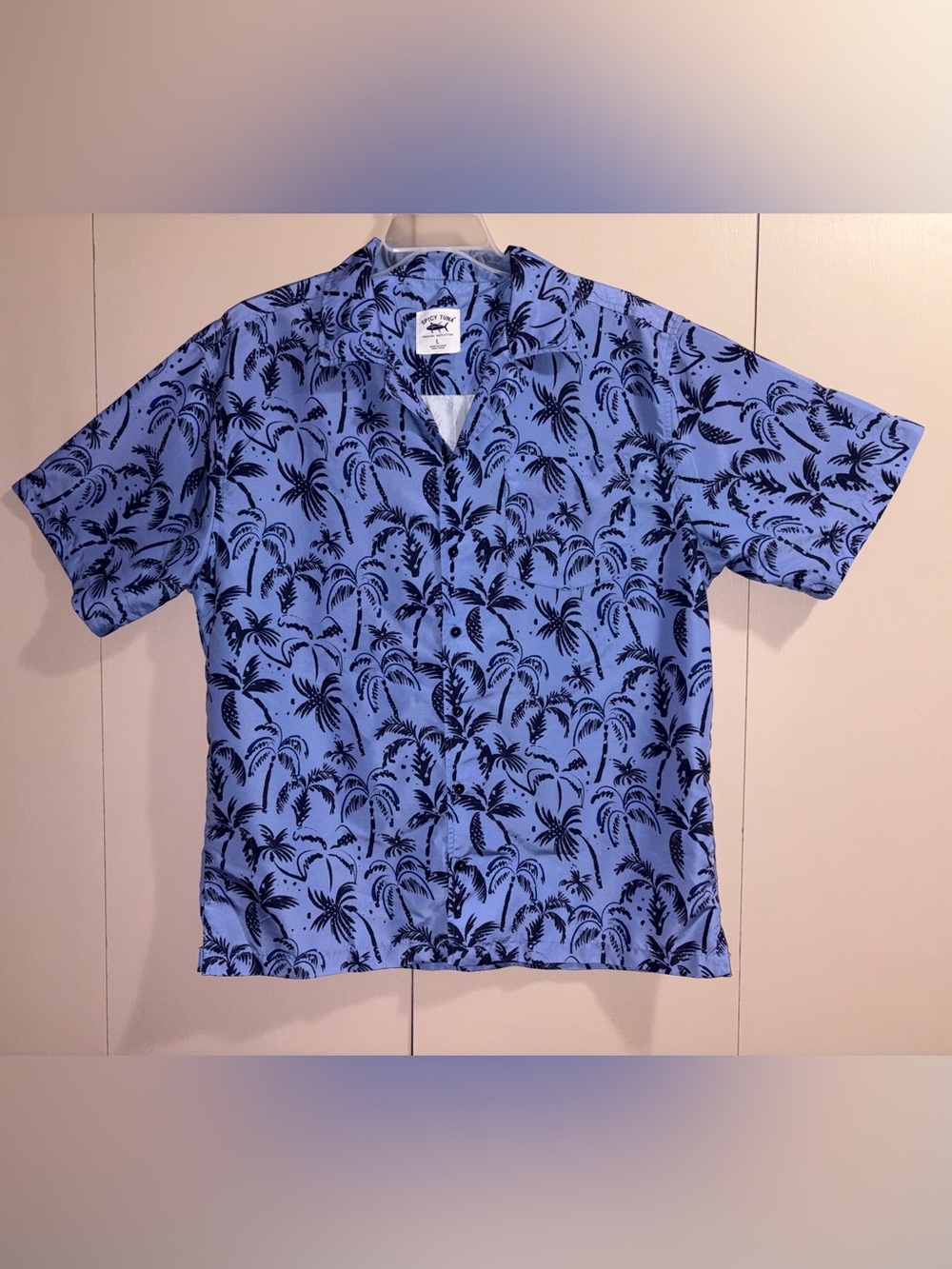 Spicy Tuna Coastal Outfitters Classic Blue Palm-Print Camp Shirt Mens Large